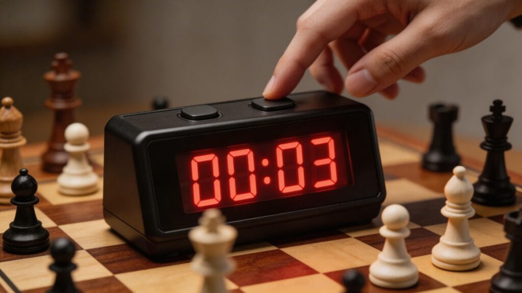 Digitale schaakklok met aflopende tijd en een hand die snel op de knop drukt