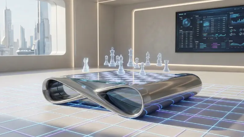 Futuristische schaakcomputer met holografische schaakstukken in een high‑tech omgeving.
