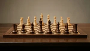 Houten schaakbord met klassieke Staunton‑stukken in de beginopstelling, gezien vanuit zwart, als rustige header voor een artikel over de Leningrad Dutch.