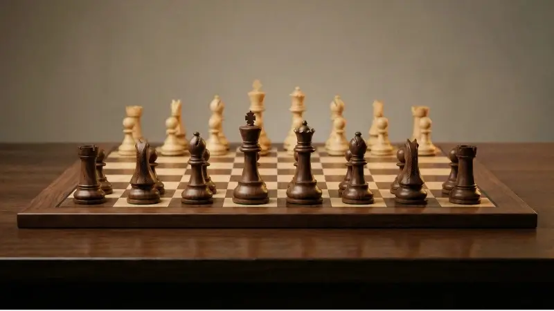 Houten schaakbord met klassieke Staunton‑stukken in de beginopstelling, gezien vanuit zwart, als rustige header voor een artikel over de Leningrad Dutch.