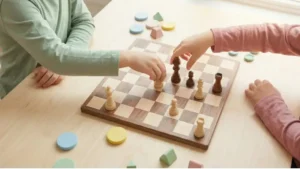 Twee kinderen spelen spellen zoals schaken op een houten bord, omringd door kleurrijke pastelvormpjes op een lichte tafel.